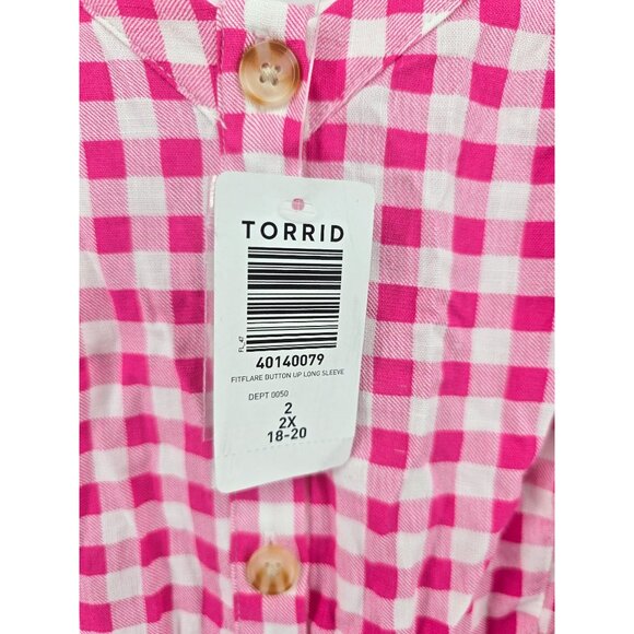New Torrid Fit & Flare Button Up 3/4 Sleeve Pink Gingham Top Size 2X - Picture 9 of 11
